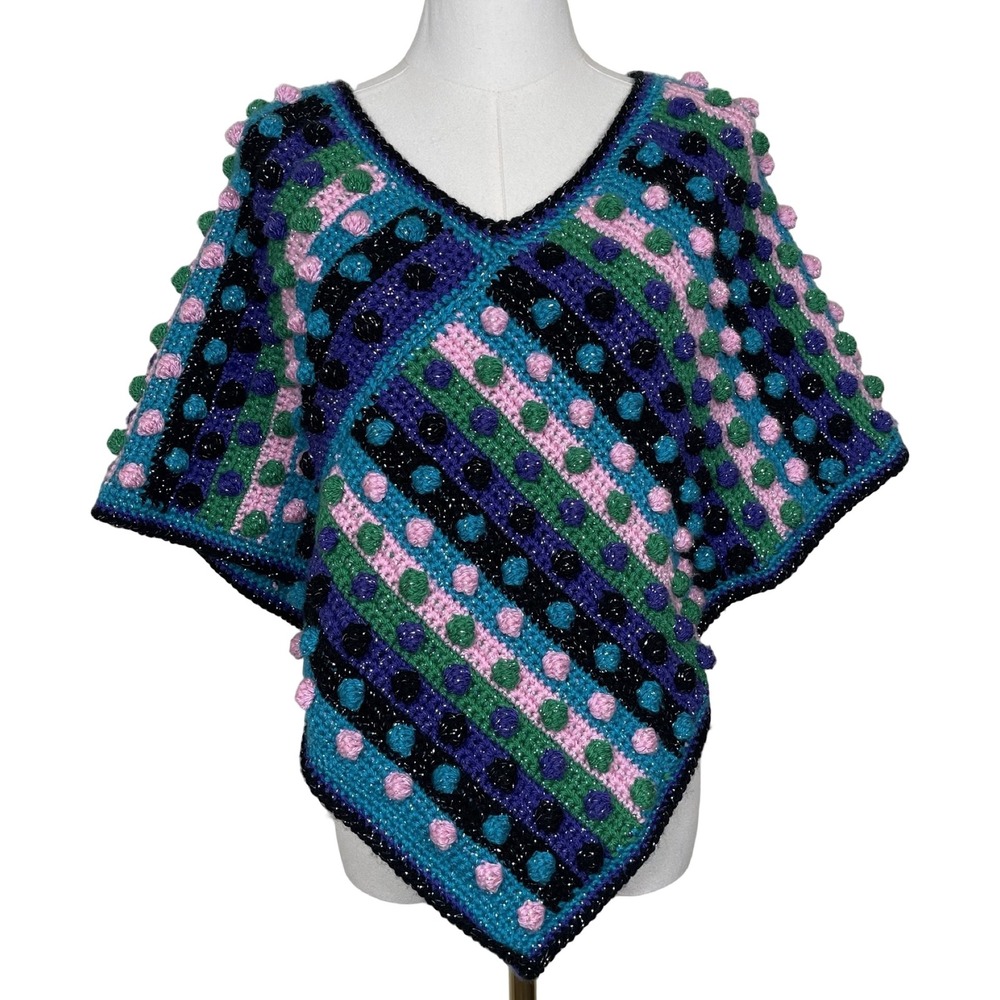 Vtg Handmade Crochet Poncho Shawl Sparkle Chunky Knit Bauble Pom Pom‎ Colorful